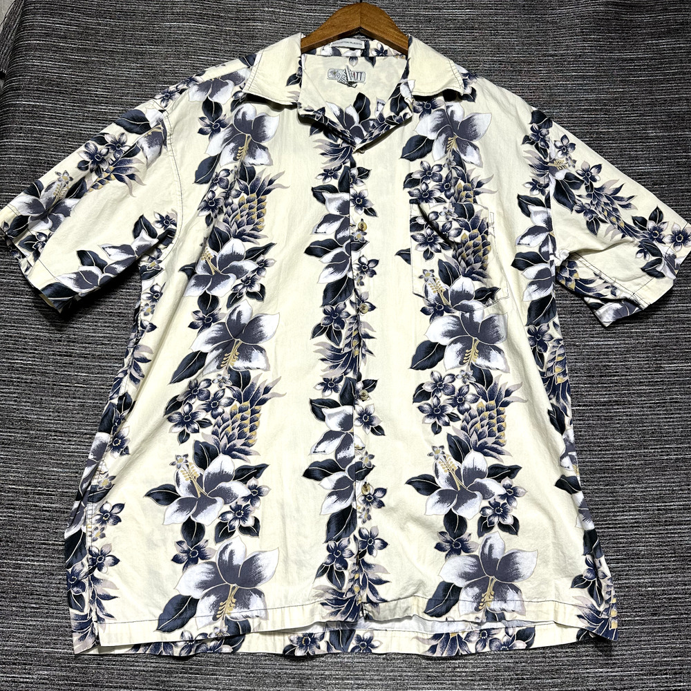 Splatt Vintage Hawaiian Shirt Men's L Beige Floral Striped Short Sleeve
